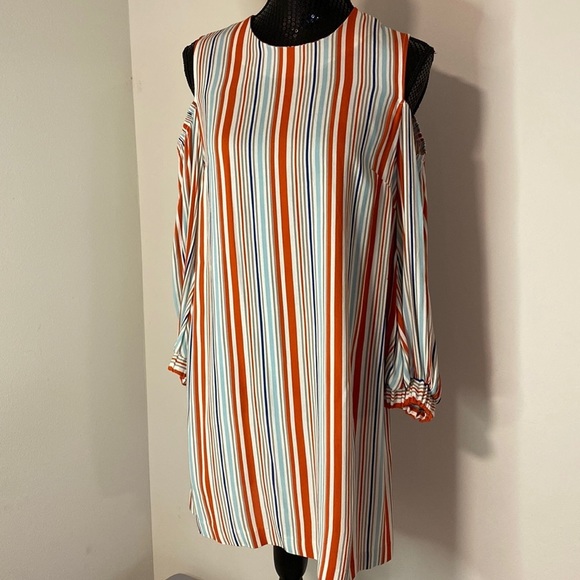 Allen Schwartz Boutique line striped cold shoulder sheath midi dress size 4 - Picture 1 of 11